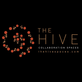 Logo for The Hive Collaboration Spaces, featuring orange and brown dot patterns forming a spiral, with text on a black background.